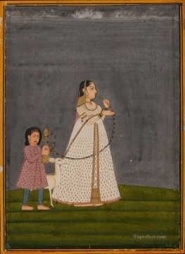 Señora con huqqa celebrada por niño 1800 India Pinturas al óleo
